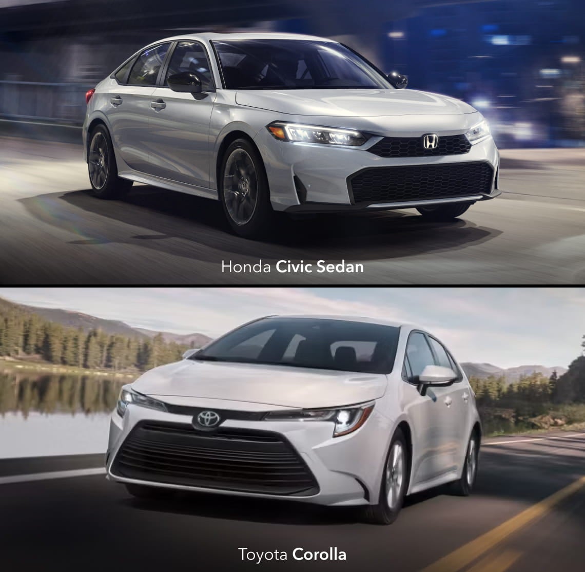Split image comparing the Honda Civic Sedan and Toyota Corolla, with each sedan shown driving in a different environment to highlight their design.