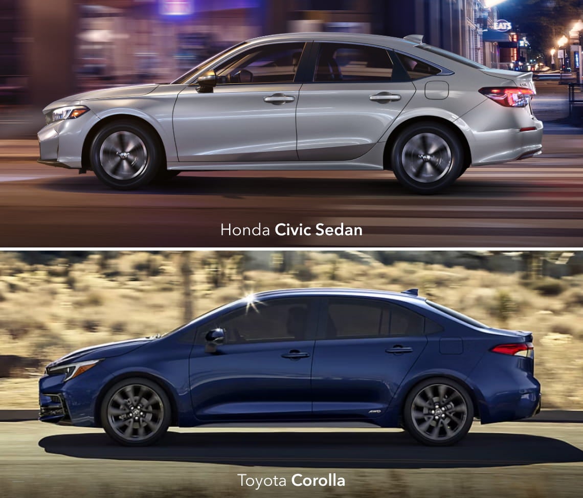 Split image comparing the side profiles of the Honda Civic Sedan and Toyota Corolla.