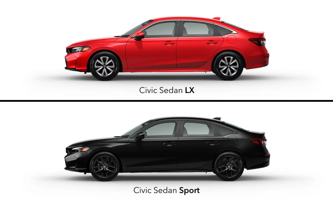 Split image showing the Honda Civic Sedan LX and Civic Sedan Sport in side profile.