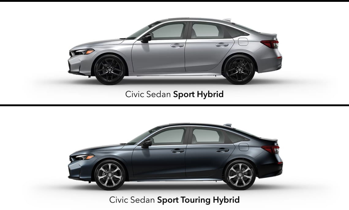 Split image showing the Honda Civic Sedan Sport Hybrid and Civic Sedan Sport Touring Hybrid in side profile.